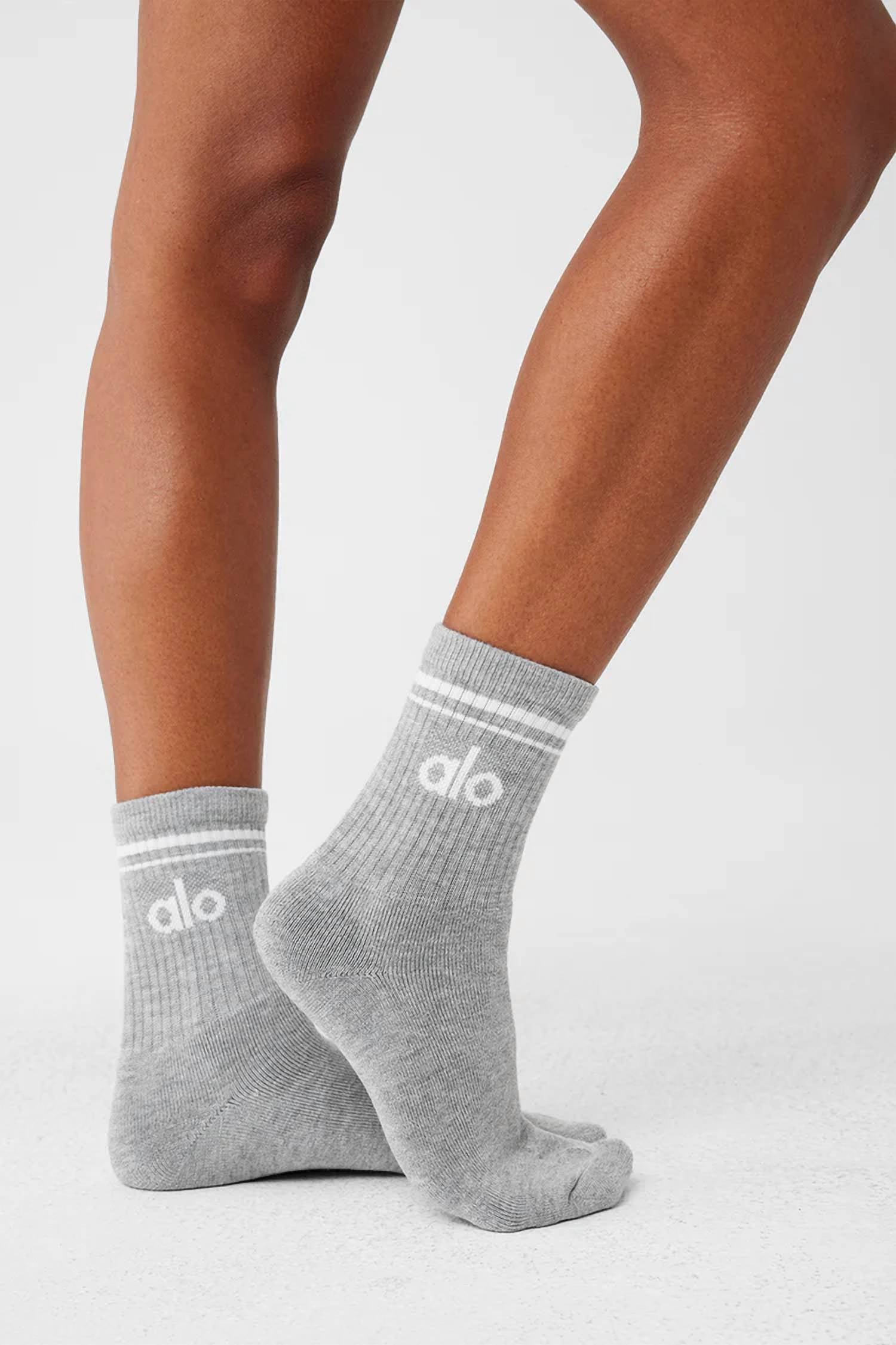 ALO YOGA Unisex Half Crew Throwback Sock in heather grey white - women's accessory - detail view