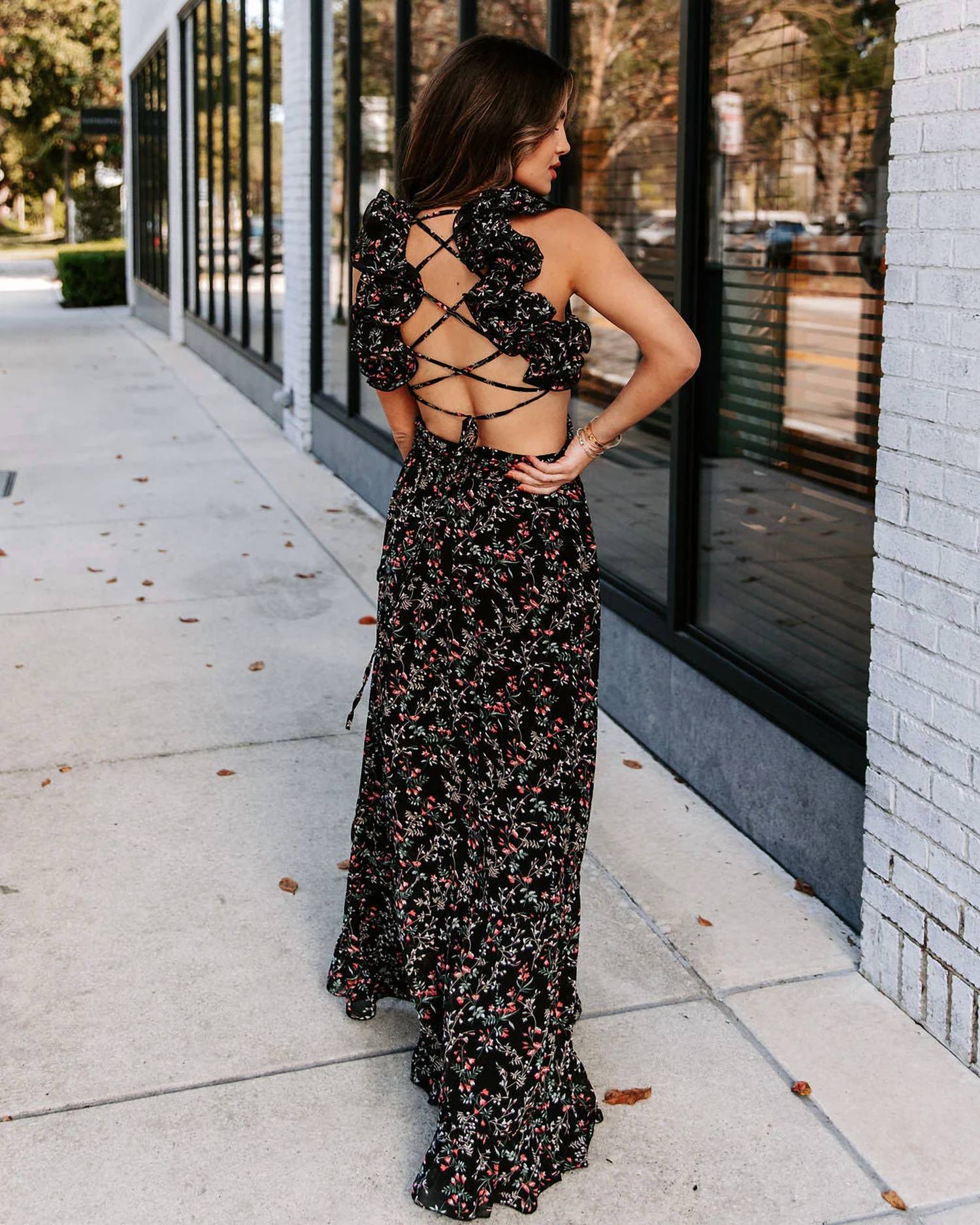 Fate - Floral Cutout Ruffle Strap Maxi Dress