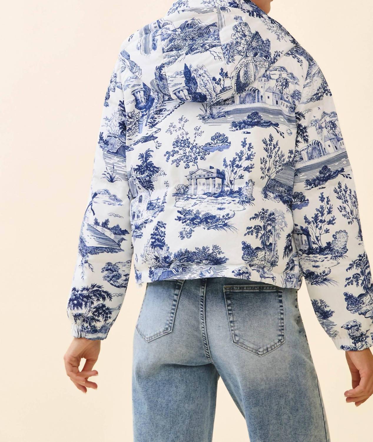 Tcec - Antique Print Zip Up Snap Button Puffer Jacket