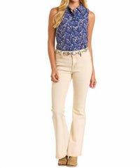 Rock & Roll Denim Sleeveless Horse Print Snap Front Blouse in blue - women's blouse