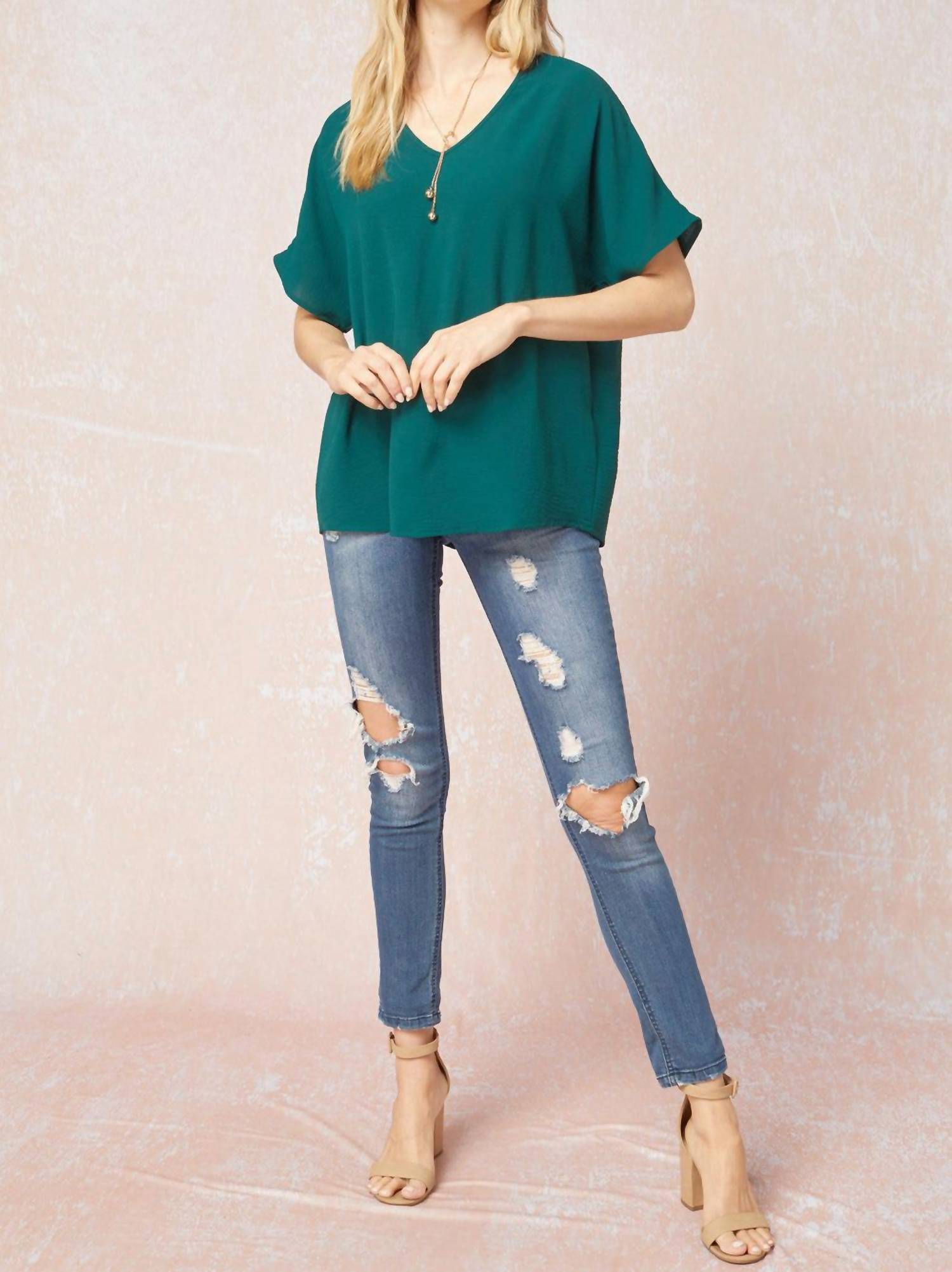 entro Solid V-neck Top in hunter green - women's blouse - view 7