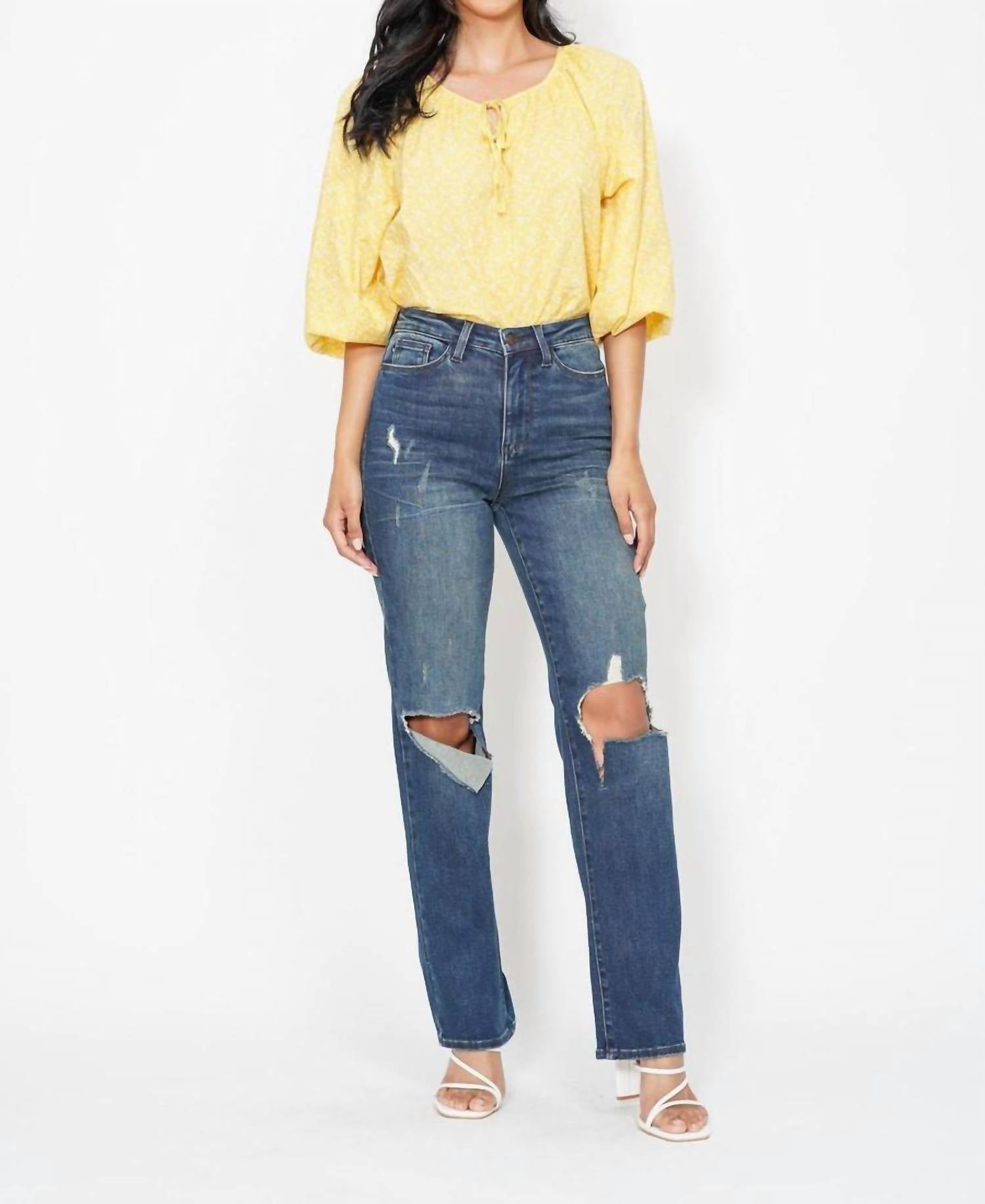 Judy Blue High Waist Knee Ripped Dad Denim Jeans in medium wash - women's jeans