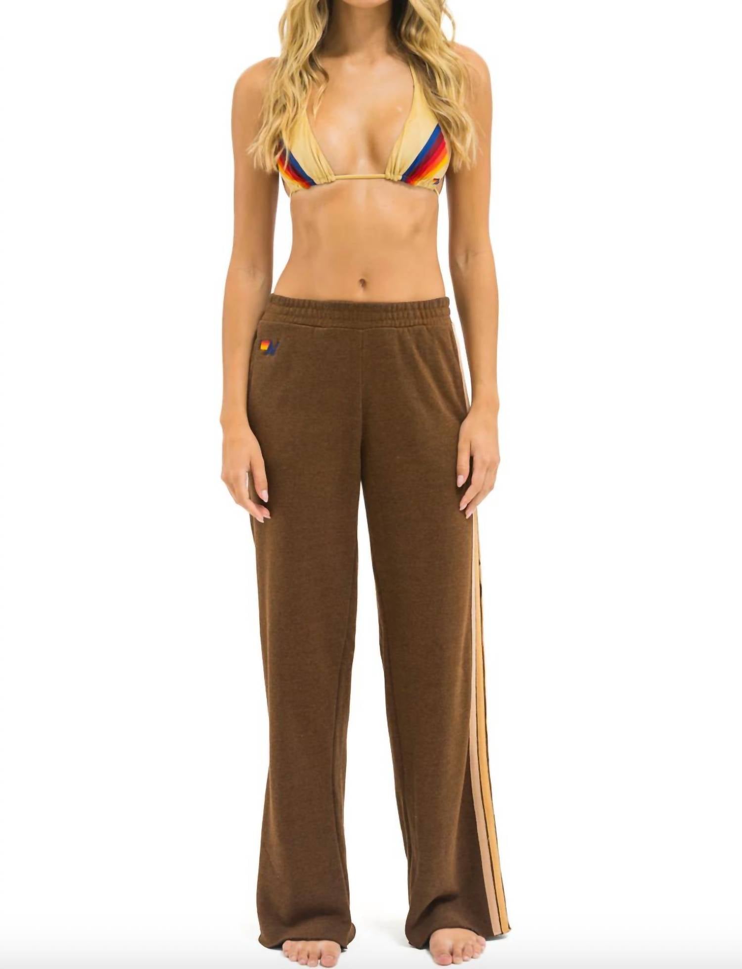AVIATOR NATION Five Stripe Wide Leg Sweatpants in chocolate - women's pants