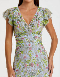 Mac Duggal - Floral Sequin Embellished Flutter Cap Sleeve Dress