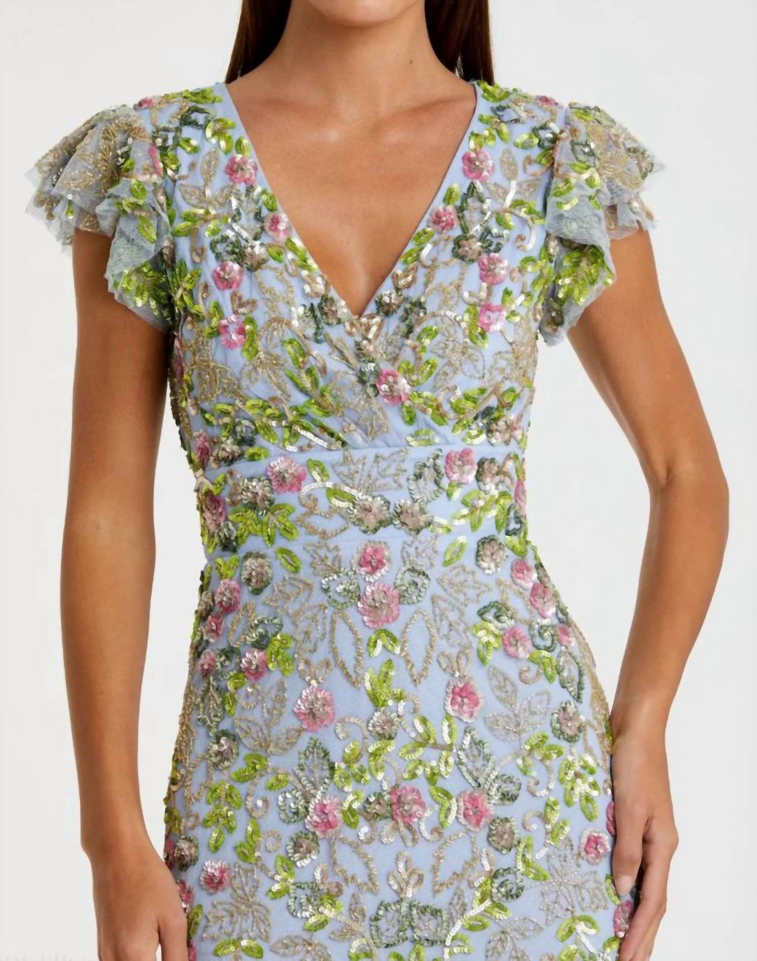 Mac Duggal - Floral Sequin Embellished Flutter Cap Sleeve Dress
