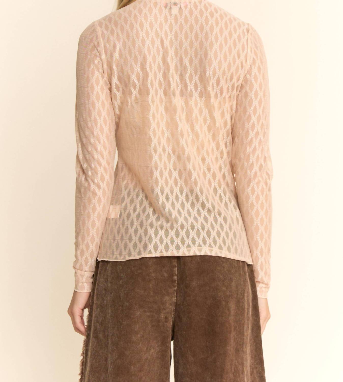 DAVI & DANI Metallic Mesh Long Sleeve Top in cream - women's long sleeve top - alternate view