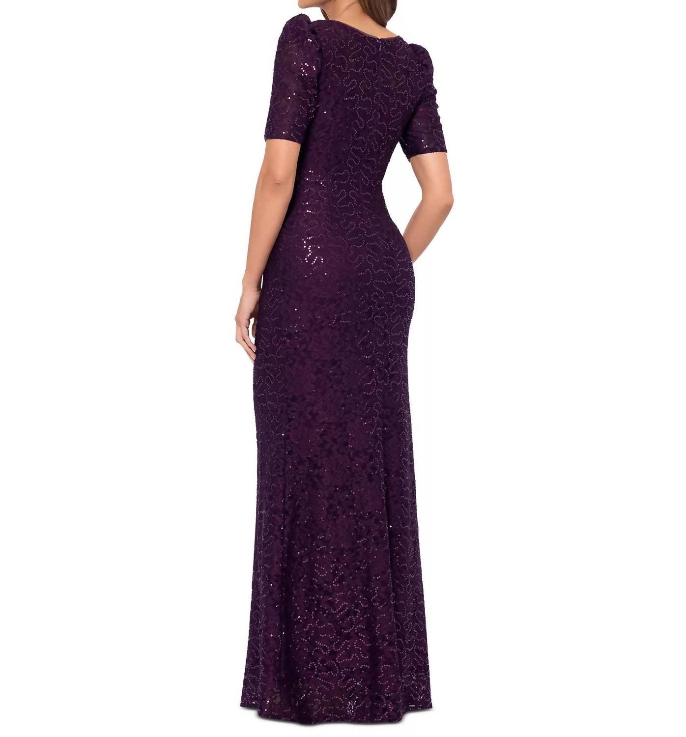 Xscape Sequined Lace Maxi Gown in purple - women's dress - detail view