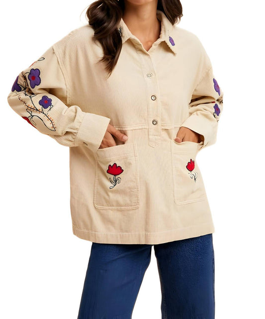 Knit & Lounge - Embroidered Floral Corduroy Button-Up Jacket