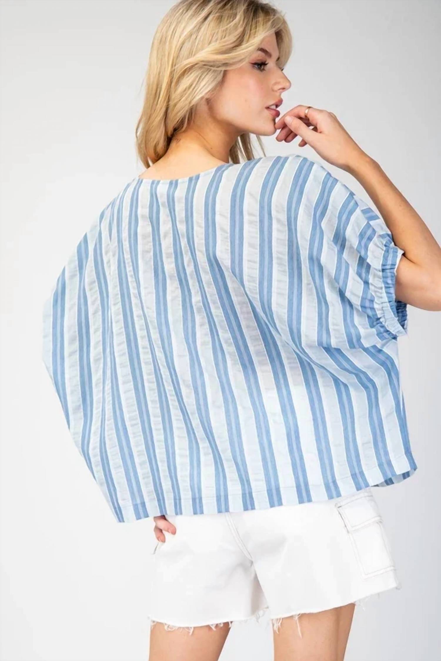Ee:Some - Striped Short Sleeve Blouse Top