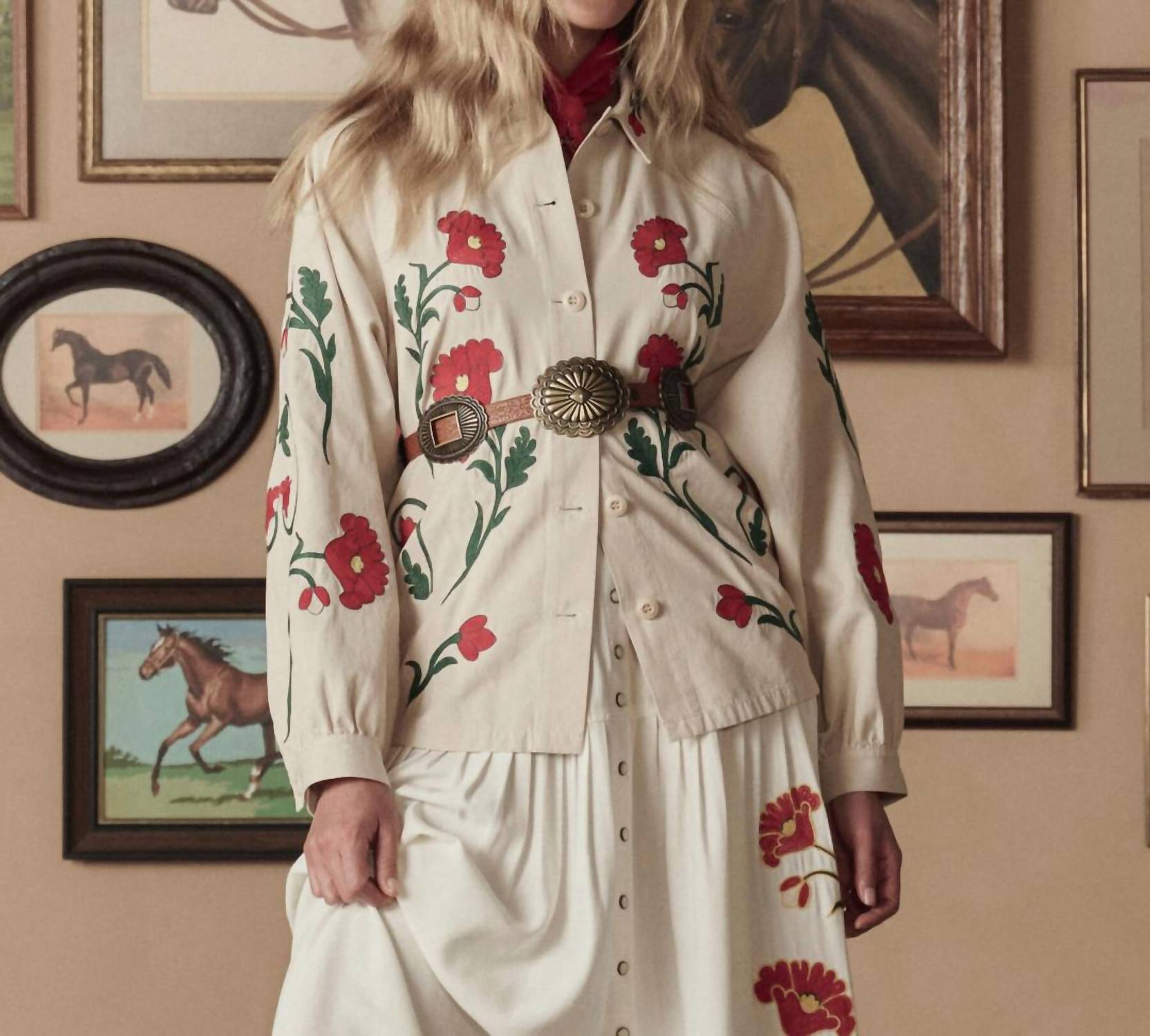 THE GREAT. Western Embroidered Commodore Jacket in cream - women's jacket