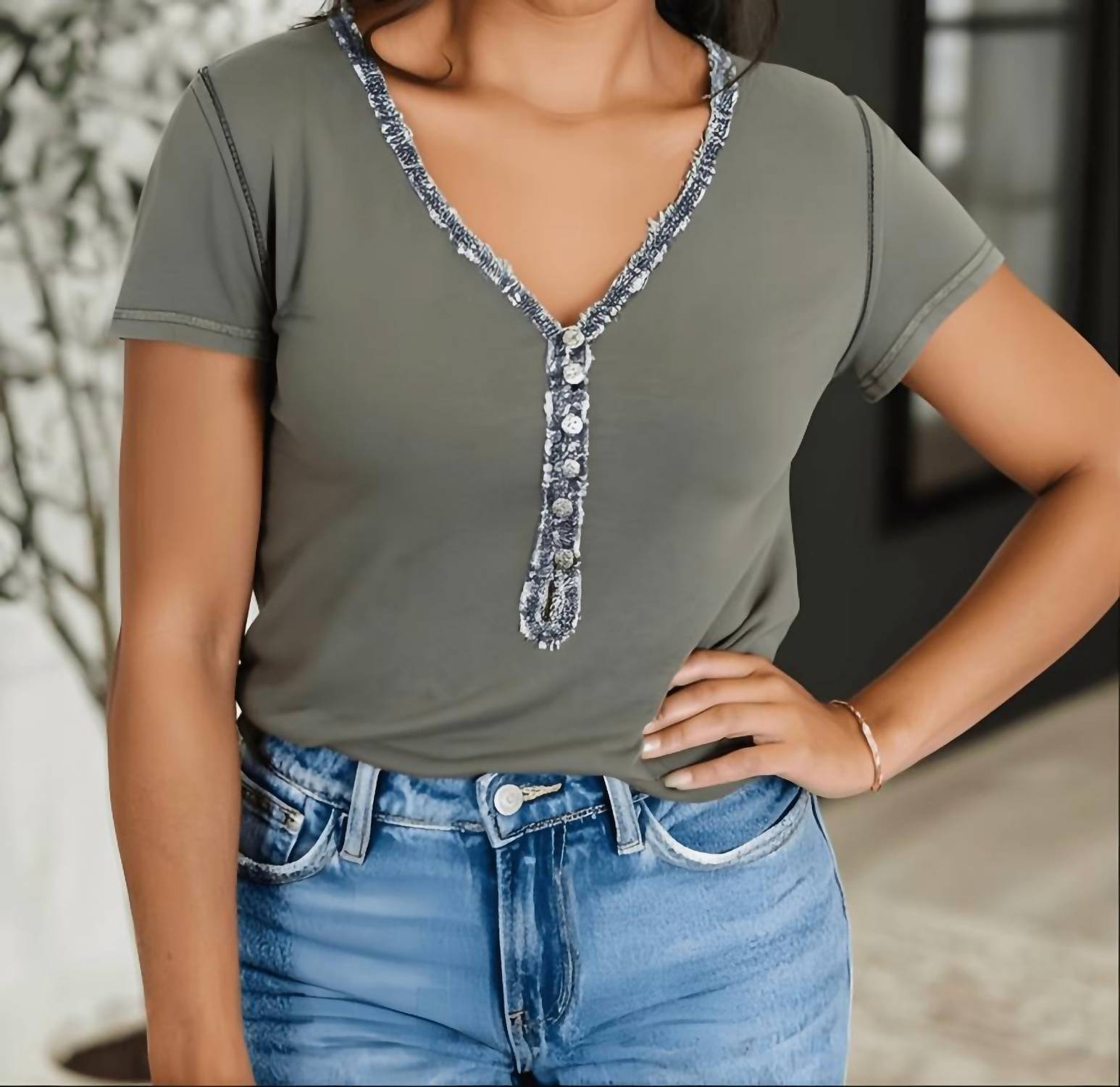 Pol - Women's Lace Trim Button Up Short Sleeve Top