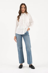Zoe and Claire Ribbon Detail Poplin Long Sleeve Top in white - women's blouse - alternate view