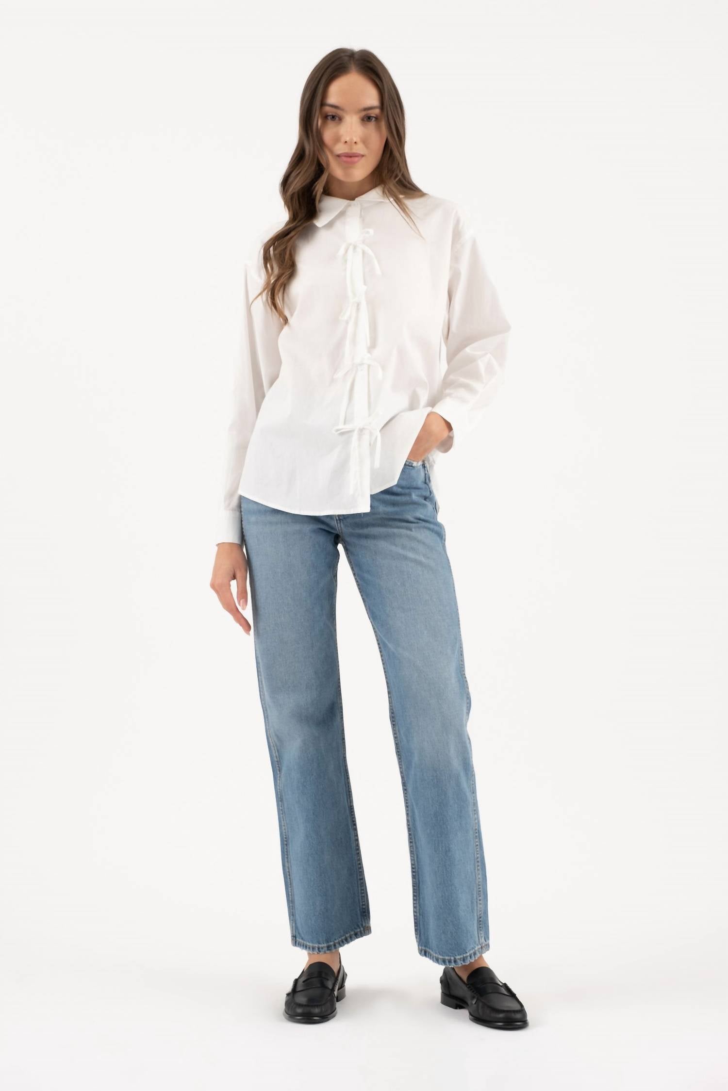 Zoe and Claire Ribbon Detail Poplin Long Sleeve Top in white - women's blouse - alternate view