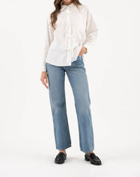 Zoe and Claire Ribbon Detail Poplin Long Sleeve Top in white - women's blouse - detail view