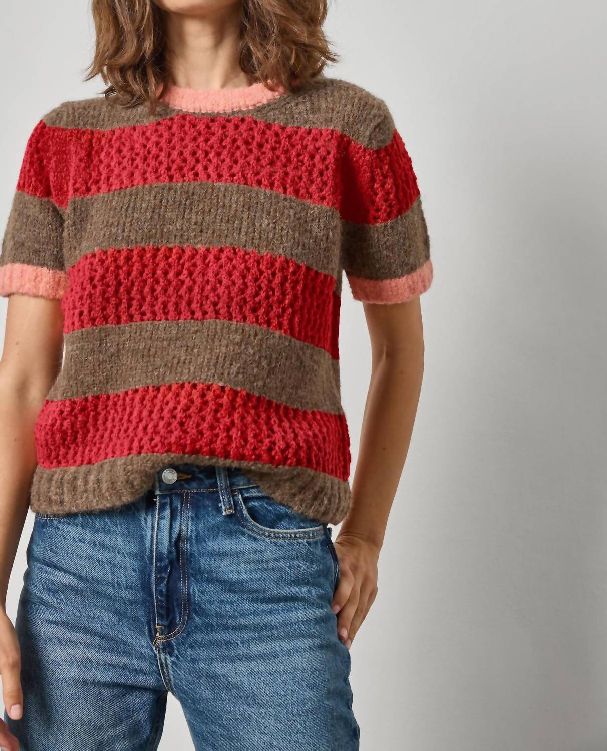 Lilla P Short Sleeve Sweater in ruby java stripe - women's sweater - detail view