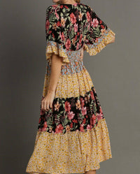Umgee - Mixed Floral Print Bohemian Midi Dress