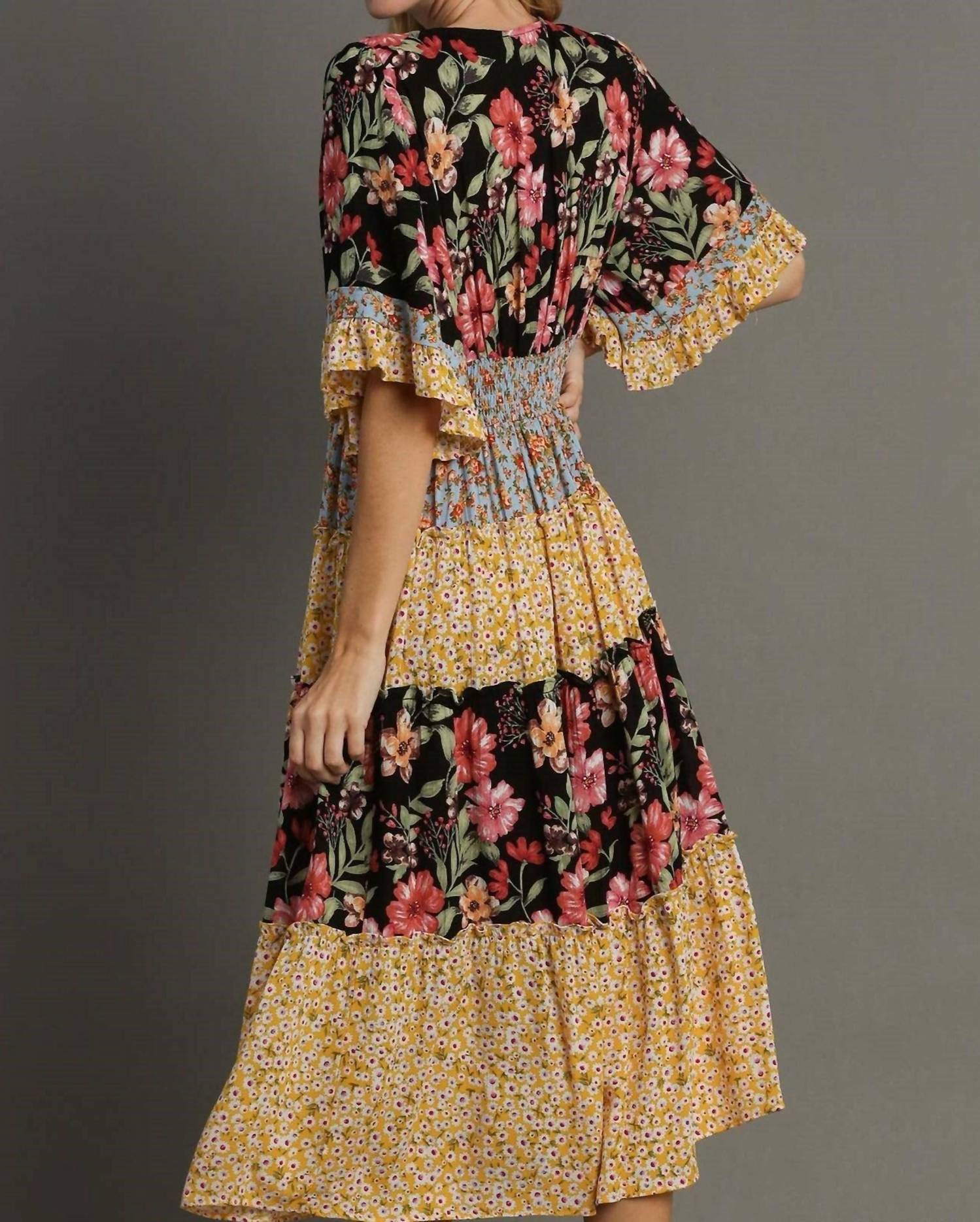 Umgee - Mixed Floral Print Bohemian Midi Dress