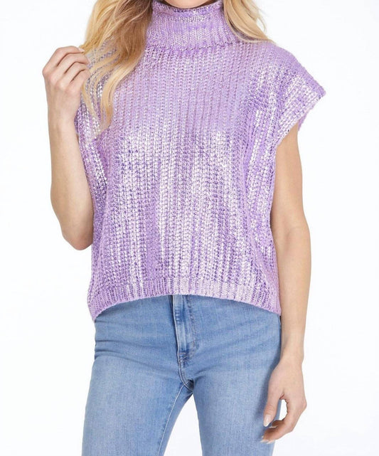 She + Sky - Metallic Foil Sleeveless Turtleneck Sweater Top