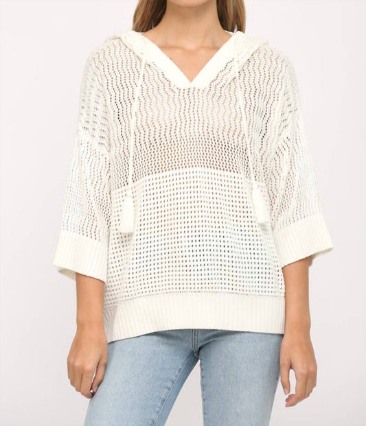 Fate - Tassel Tie V-Neck Open Weave Hooded Sweater