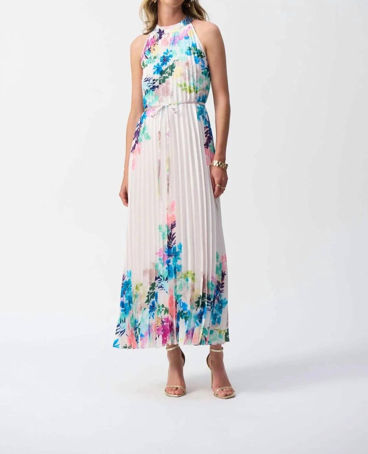 Joseph Ribkoff - Pleated Satin Floral Print Midi Dress