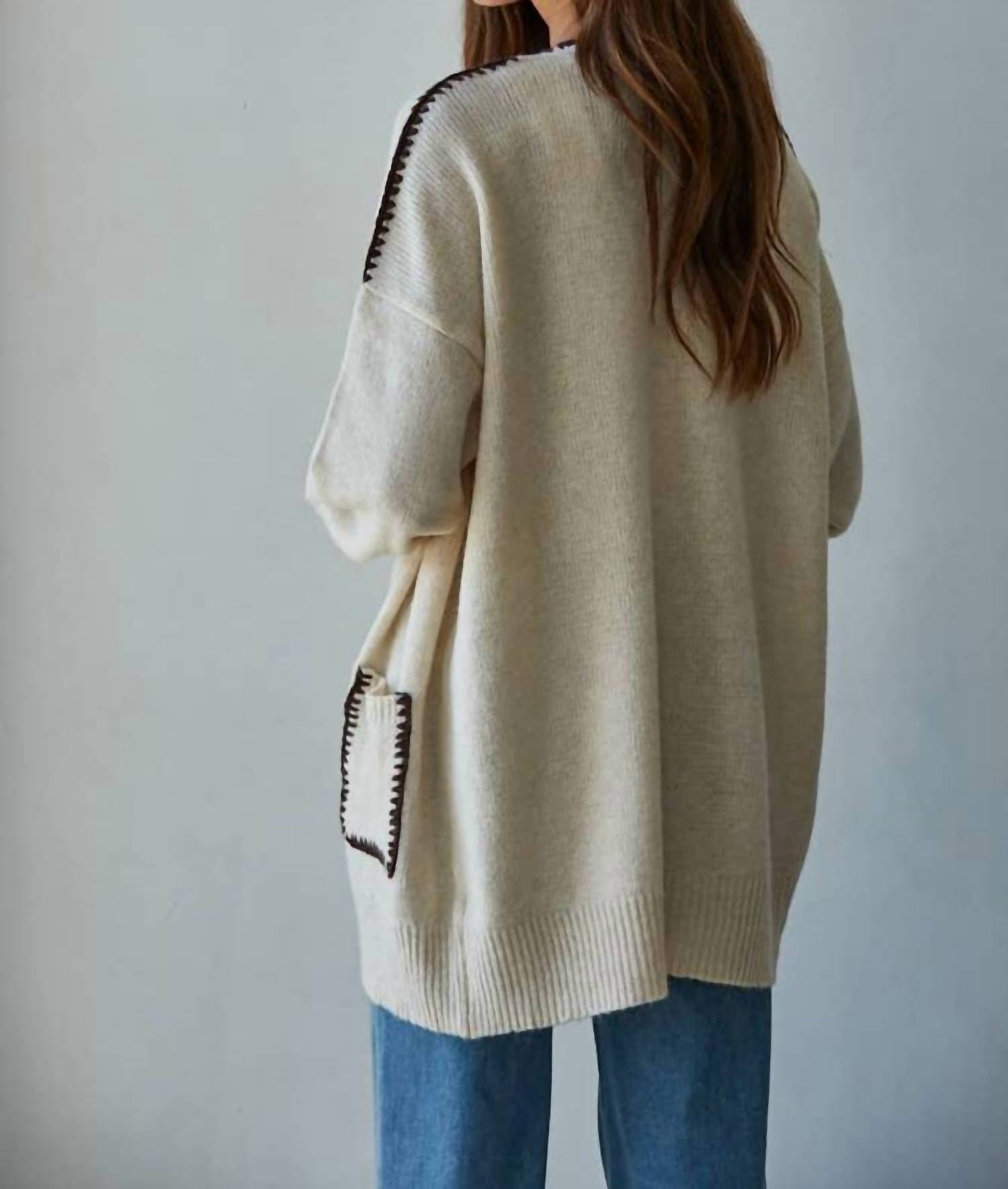 By Together Knit Stitch Sweater Top in light beige - women's cardigan - detail view