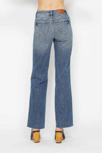 Judy Blue Mid Rise Tummy Control Vintage Straight Jeans in mid blue - women's jeans - detail view