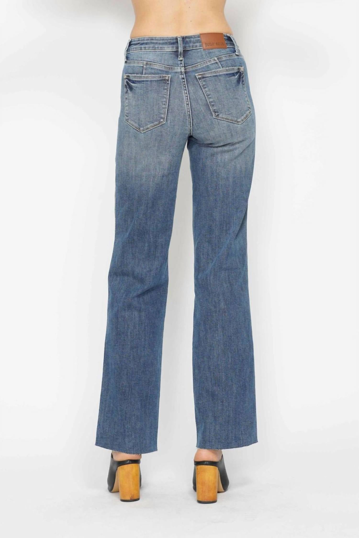 Judy Blue Mid Rise Tummy Control Vintage Straight Jeans in mid blue - women's jeans - detail view