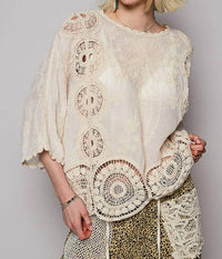 Pol - Round Neck Short Sleeve Floral Embroidery Top