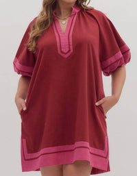 Entro - Solid Contrast Lantern Sleeves Slit Hem Split Collar Mini Dress - Plus