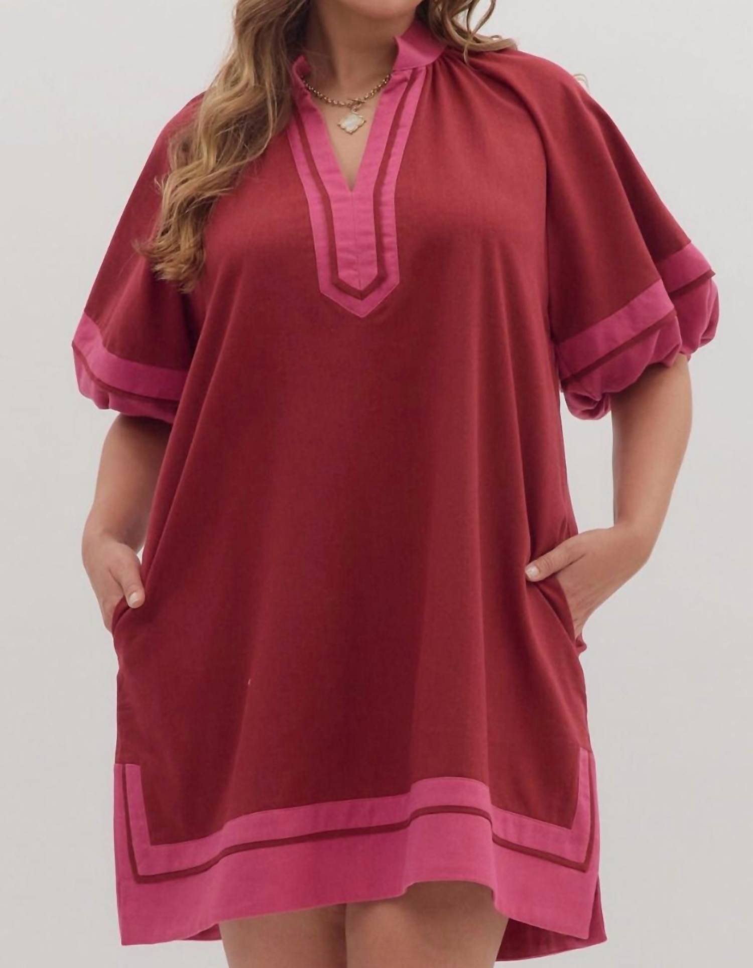 Entro - Solid Contrast Lantern Sleeves Slit Hem Split Collar Mini Dress - Plus