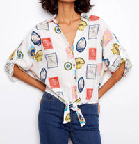 Charlie B - Printed Linen Blend Front-tie Blouse With Roll-up Sleeves