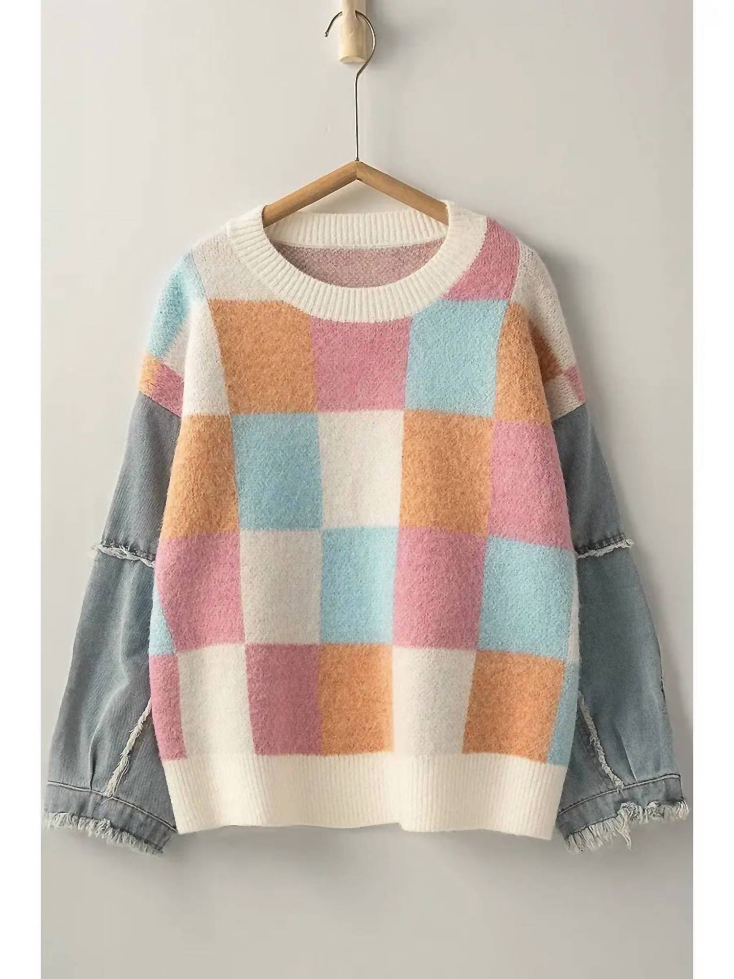 Urban Daizy - Color Block Checkered Sweater with Denim Sleeves