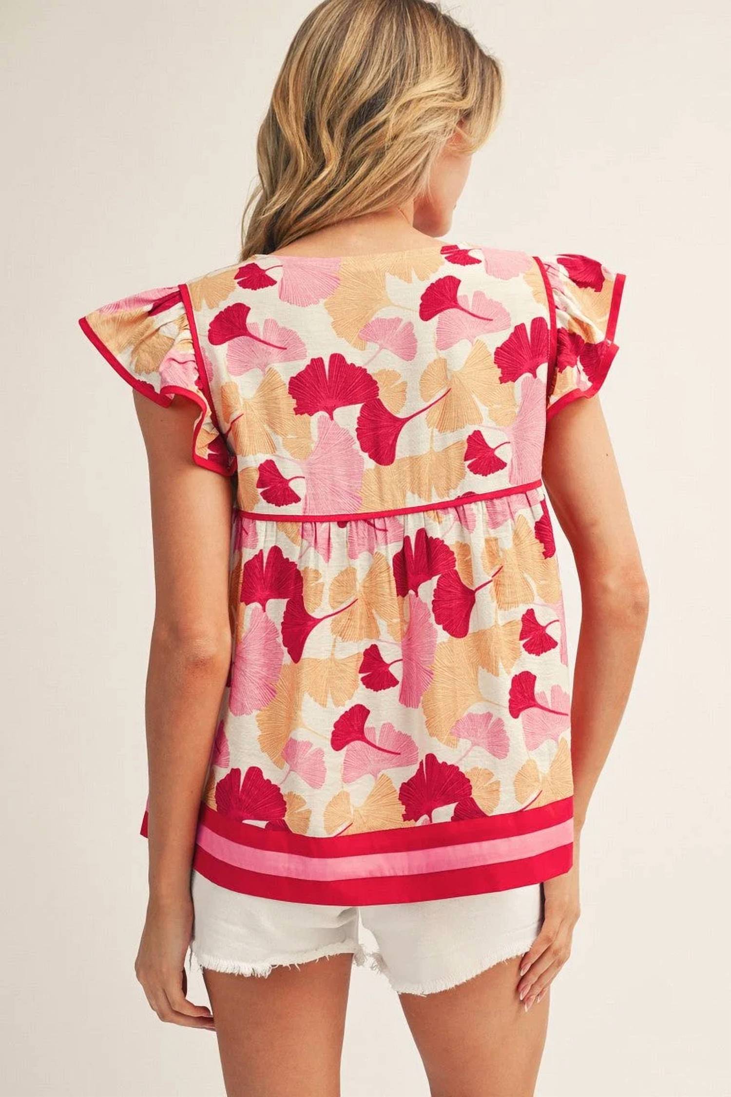Jodifl - Flutter Sleeves Blooming Blush Babydoll Blouse