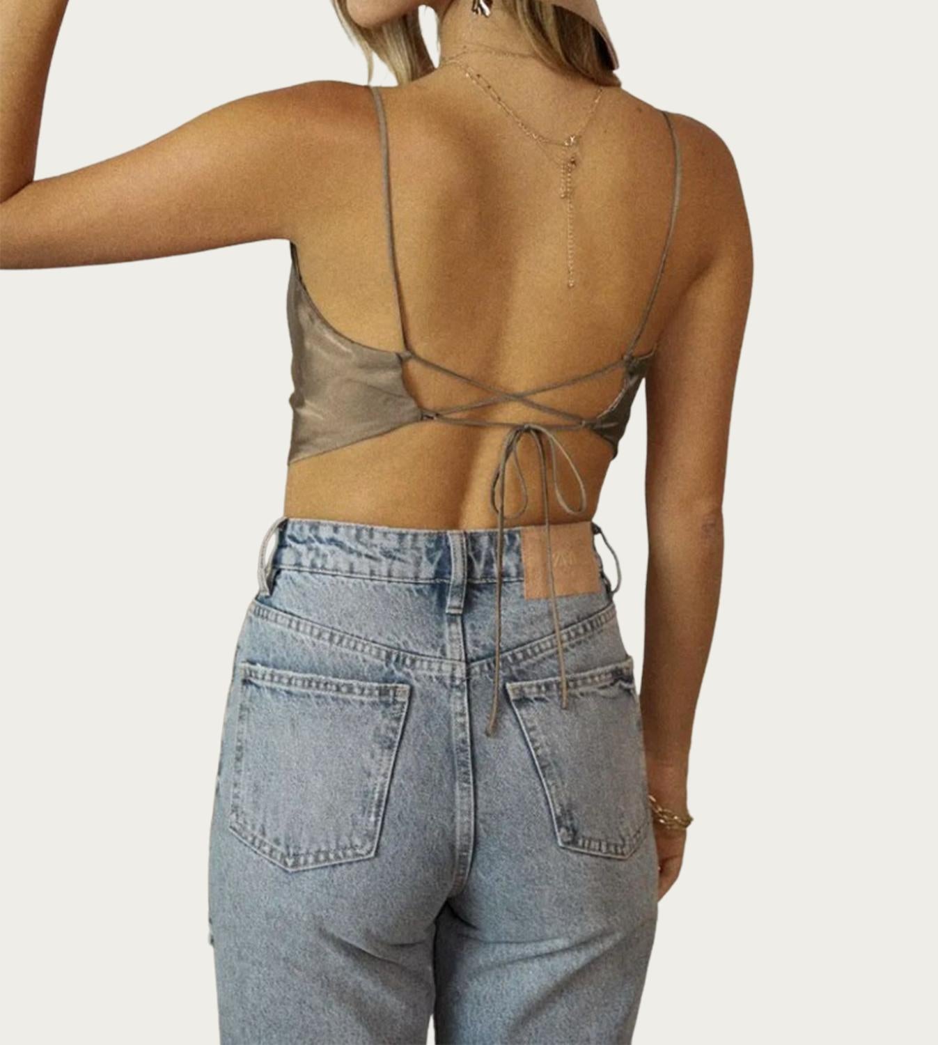 COWL CROPPED OPEN-BACK STRETCH-SATIN CAMISOLE