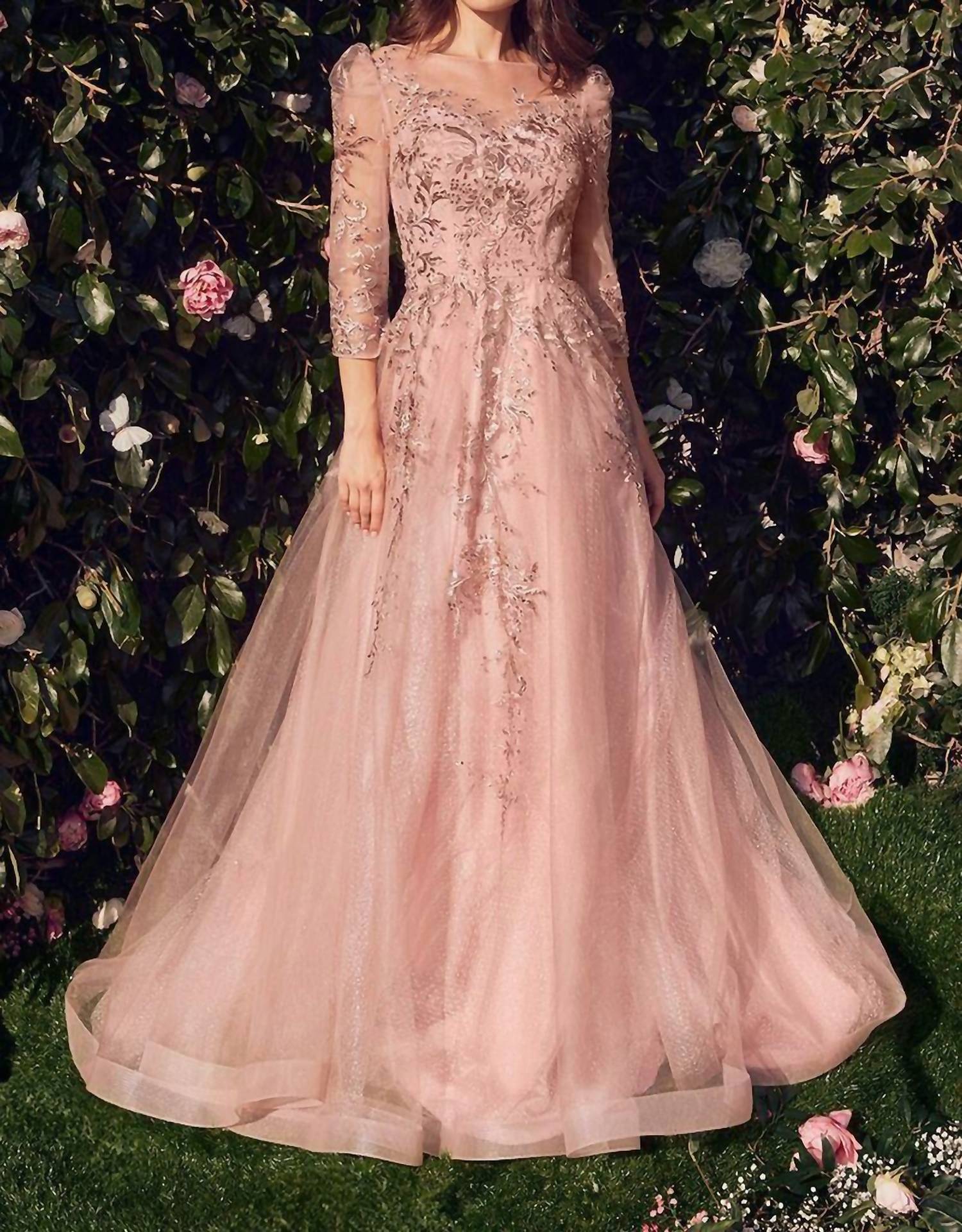 Andrea & Leo Couture Sheer Sleeve Bateau Neck Dress in dusty rose - women's dress