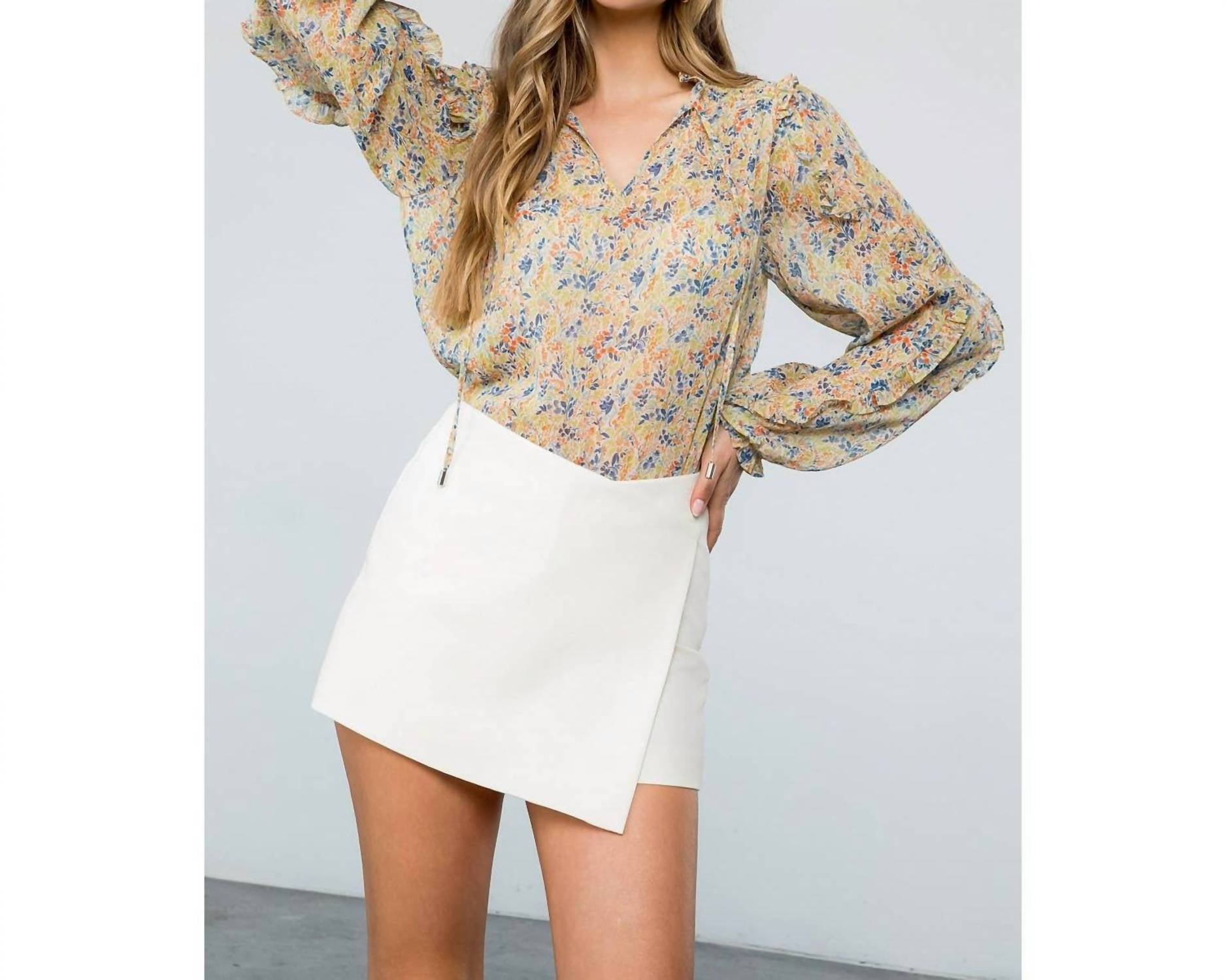 THML Flower Print Long Sleeve Blouse in floral beige - women's blouse - view 4