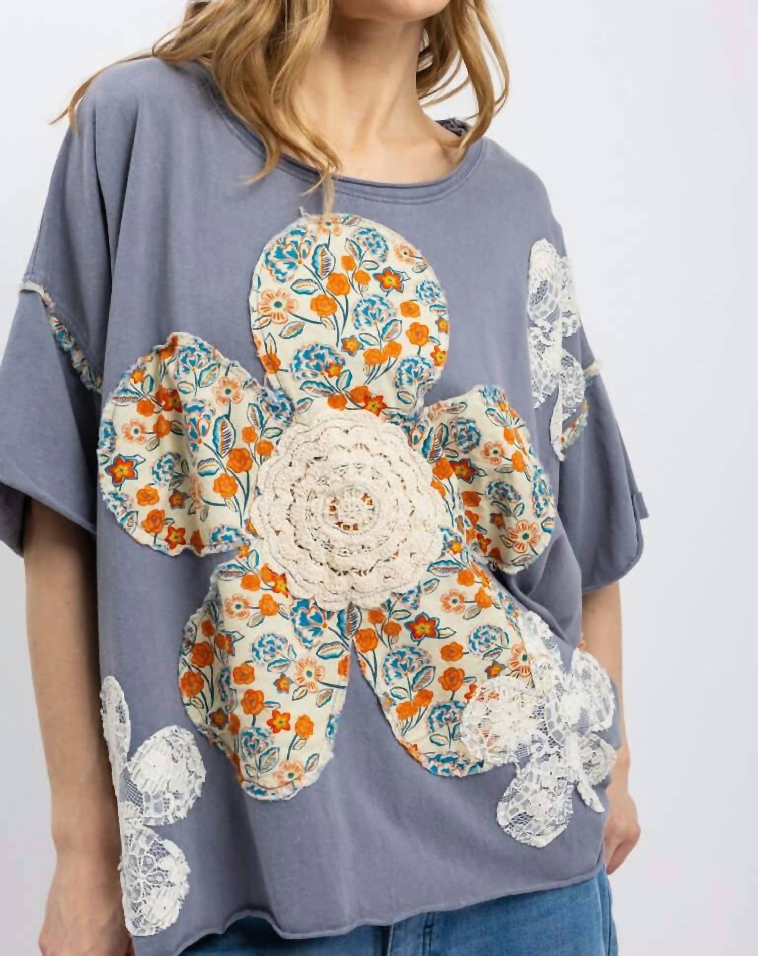 Blue Velvet - Lace Flower Patchwork Oversized Top