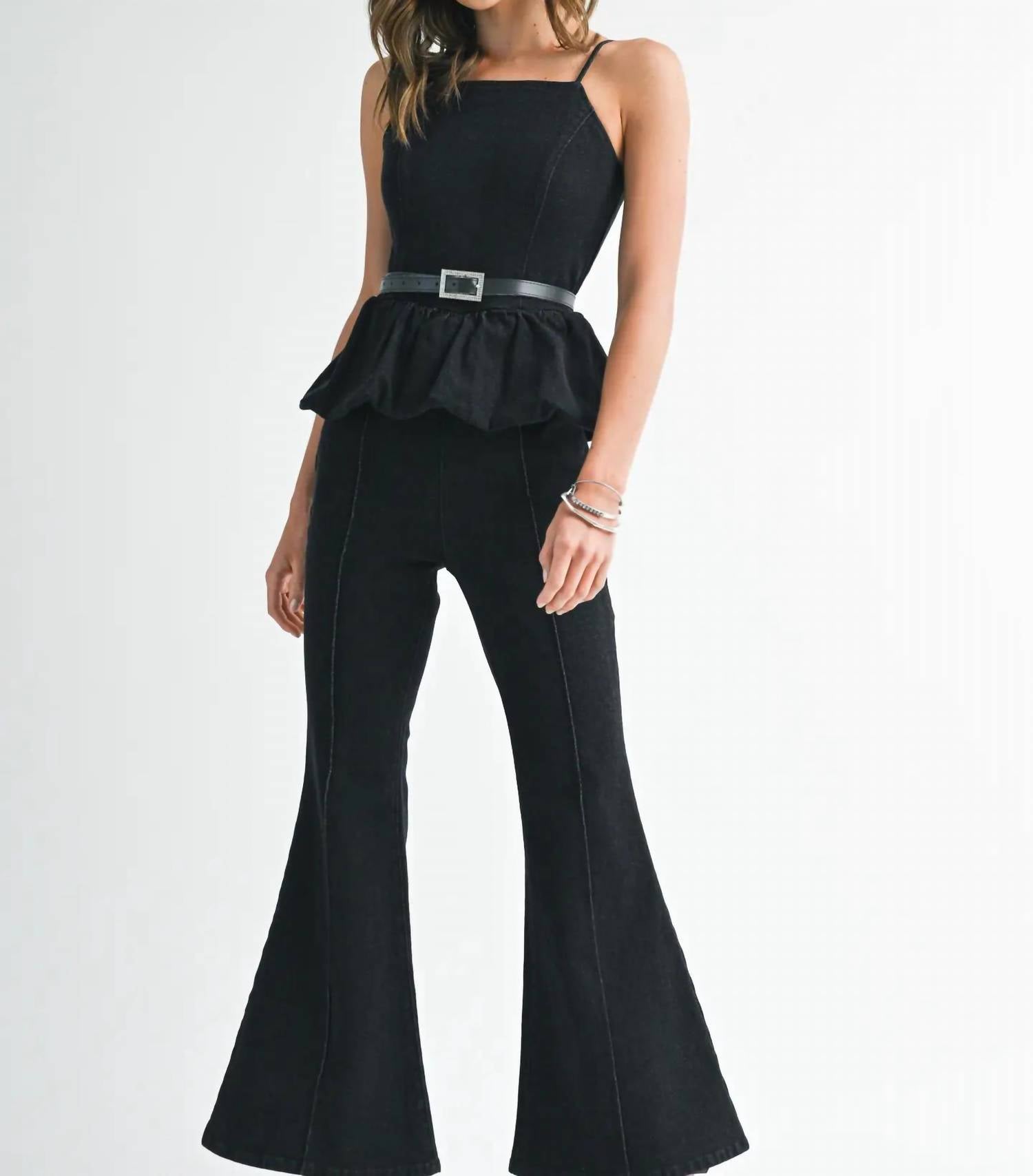 Endless Blu. - Rhinestone Belted Boot Cut Romper