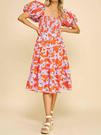 PINCH Floral Smocked Midi Dress With Bubble Sleeves in lavender orange - women's dress