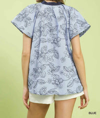 Umgee - Stripe Embroidered Mixed Collar V-Neck Top