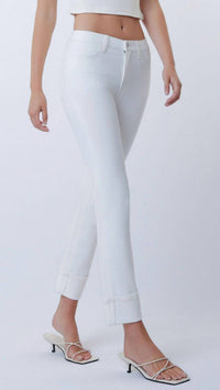 VERVET BY FLYING MONKEY Mid Rise Cuffed Crop Slim Straight Jeans in optic white - women's jeans - detail view
