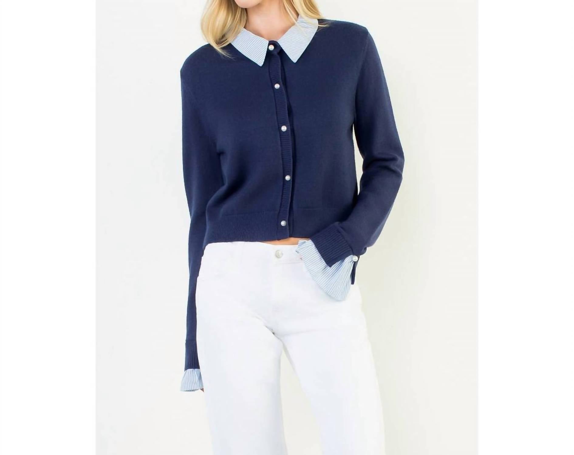 Thml - Pearl Button Mixed Media Collared Knit Top
