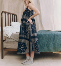 THE GREAT. Slip Sleep Midi Dress in bandana patchwork - women's dress - detail view