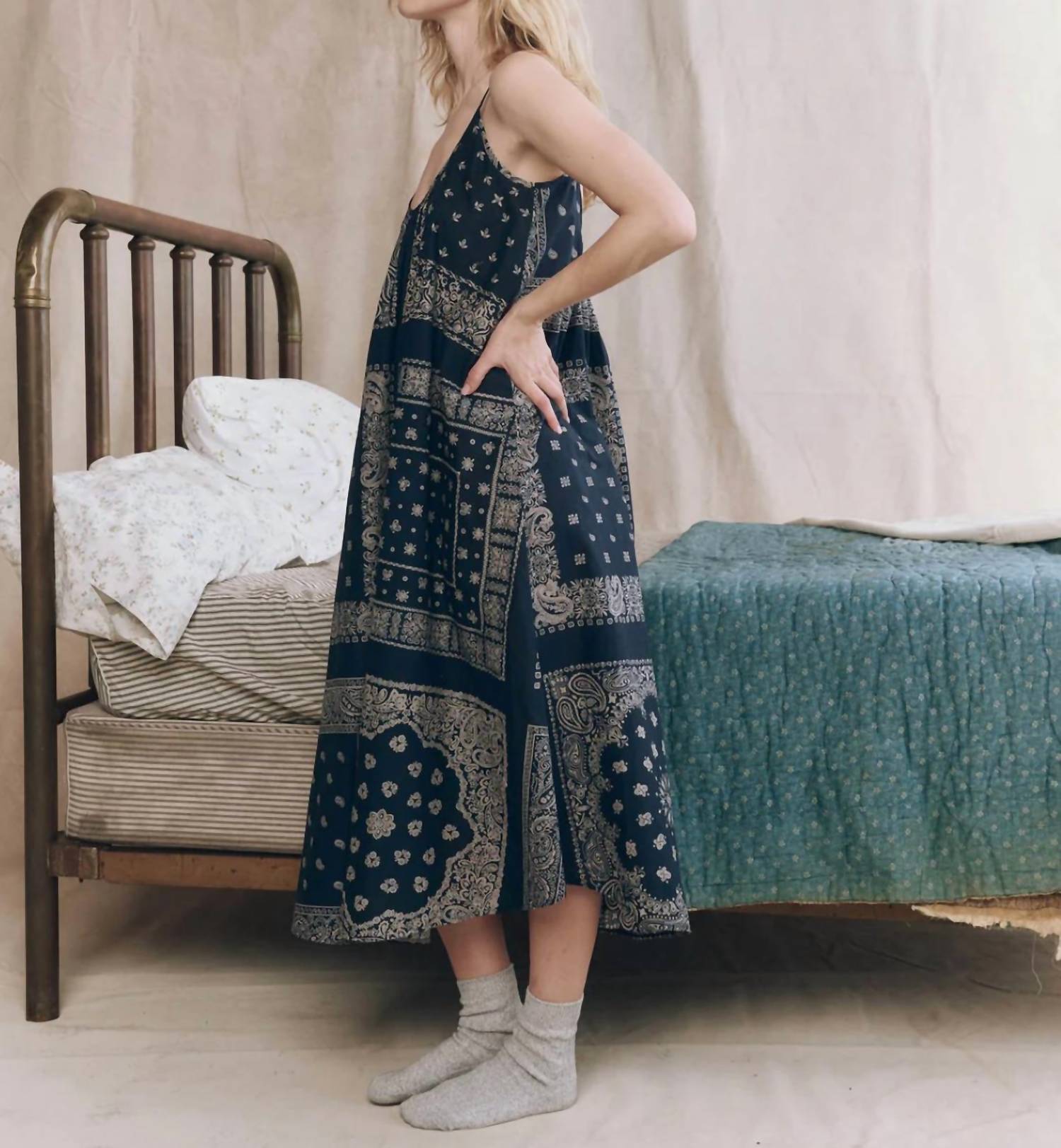 THE GREAT. Slip Sleep Midi Dress in bandana patchwork - women's dress - detail view