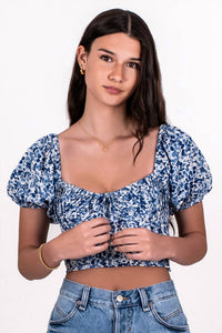 LE LIS Puff Sleeve Ditsy Floral Crop Top in blue white - women's shirt - alternate view