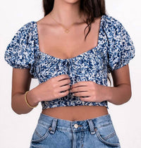 LE LIS Puff Sleeve Ditsy Floral Crop Top in blue white - women's shirt - detail view