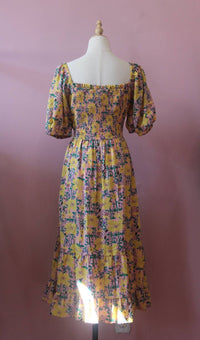 voy Women's Puff Sleeve Midi Print Dress in yellow - women's dress - detail view