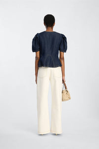 MUNTHE Tencel Denim Top in indigo blue - women's blouse - detail view