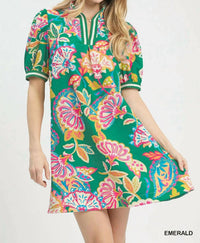 Umgee - Jacquard Paisley Print Puff Sleeve Mini Tunic Dress
