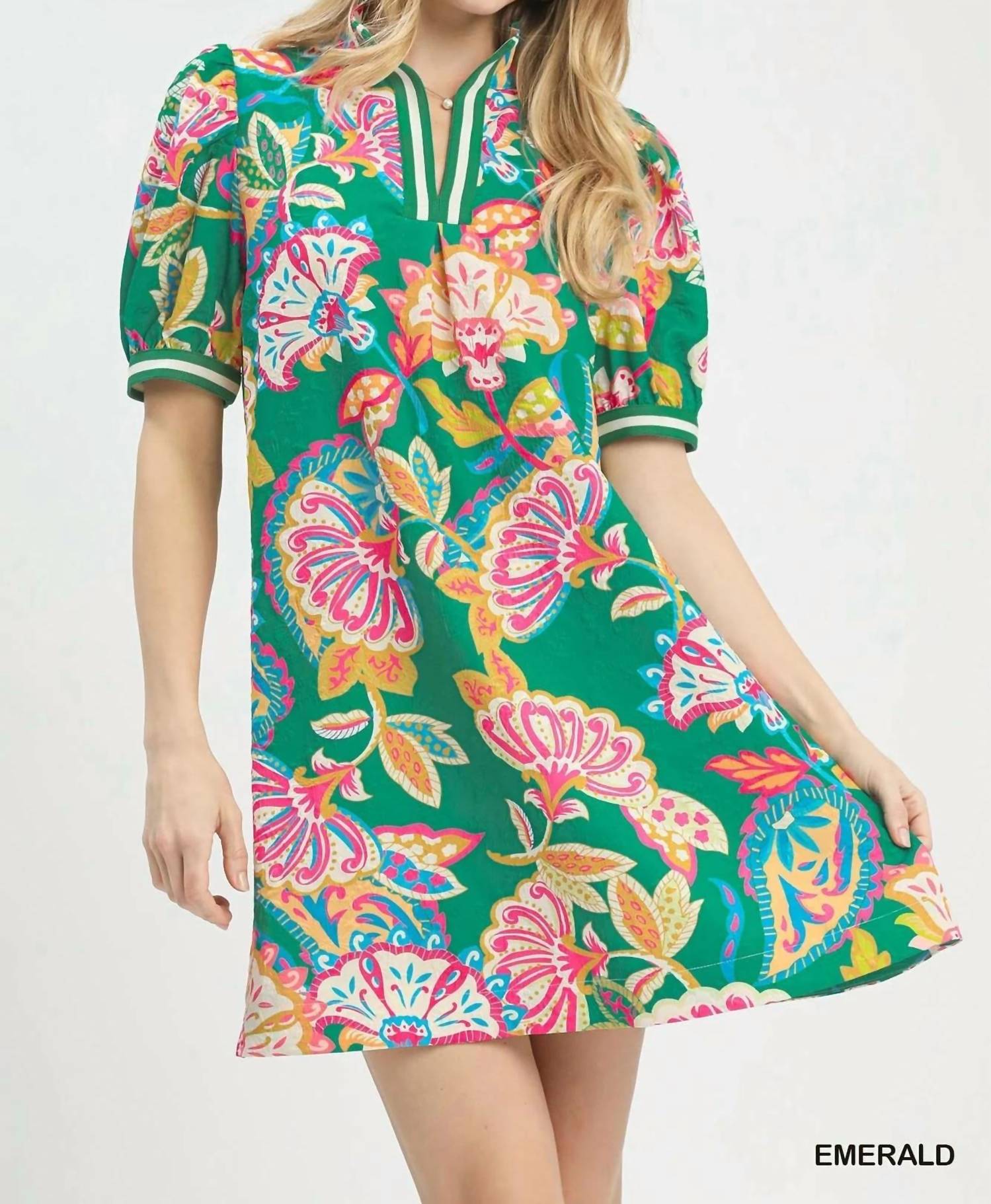 Umgee - Jacquard Paisley Print Puff Sleeve Mini Tunic Dress